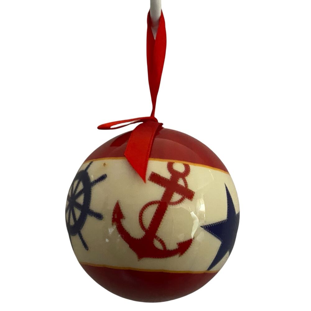 Nautical Christmas Ornament Red White Blue Ship Wheel Anchor Coastal Beach Decor